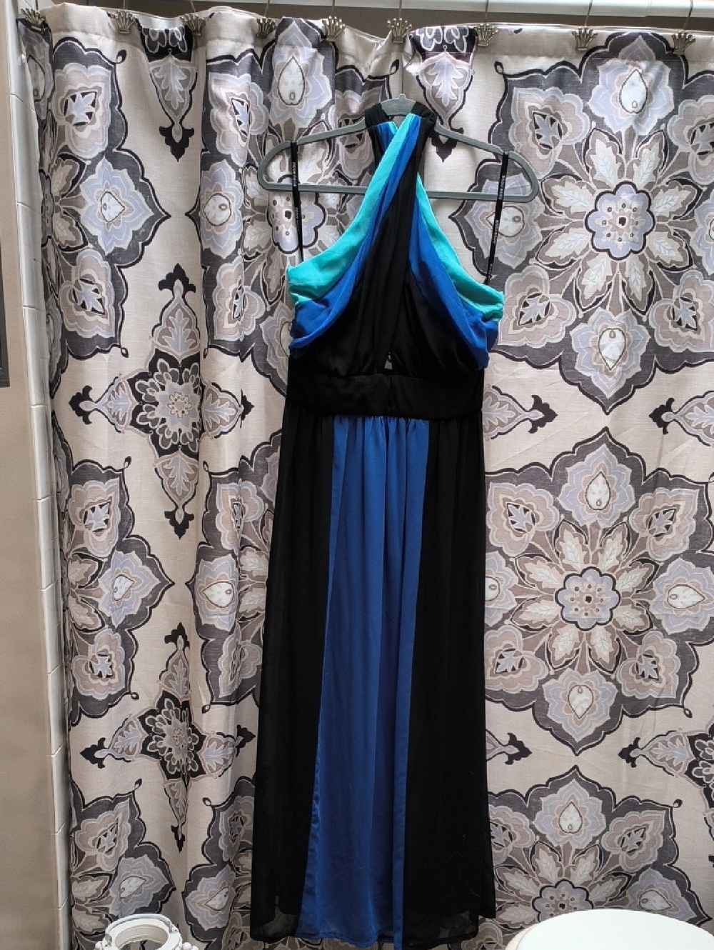 Bisou Bisou Criss CrossMulti-Blue Halter Maxi Dress with Black Overlay